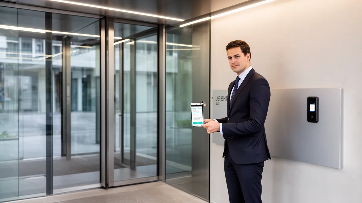 Un homme d'affaires en costume bleu utilisant un smartphone pour déverrouiller une porte vitrée.