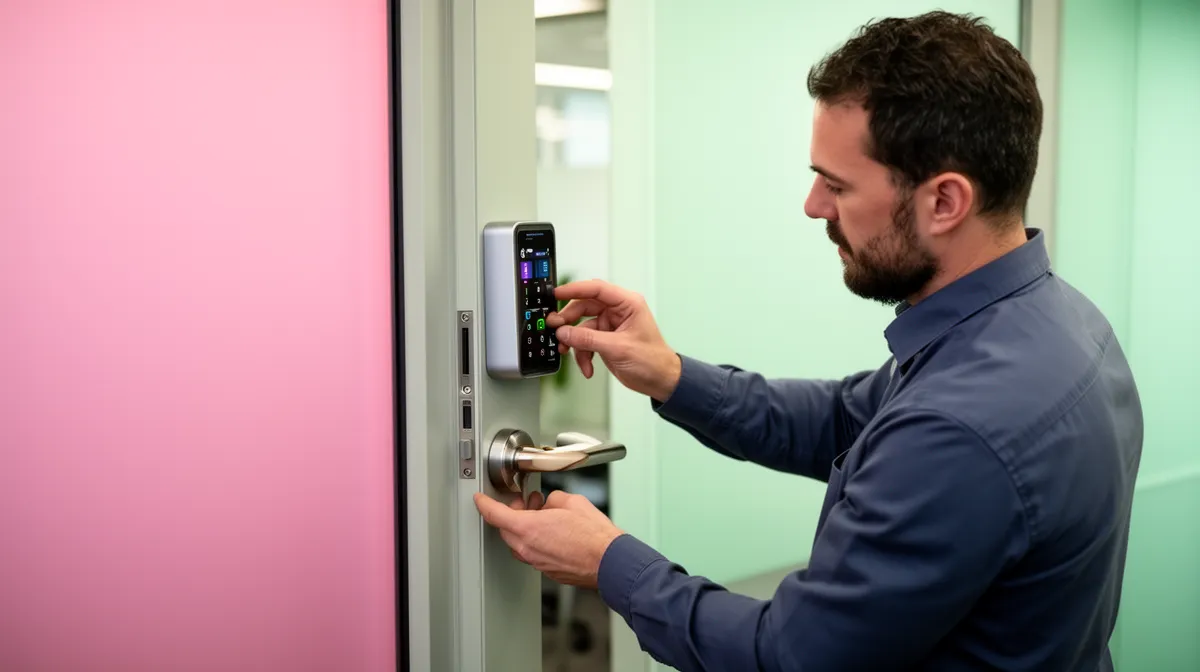 Homme en costume utilisant un système d'accès électronique pour ouvrir une porte.