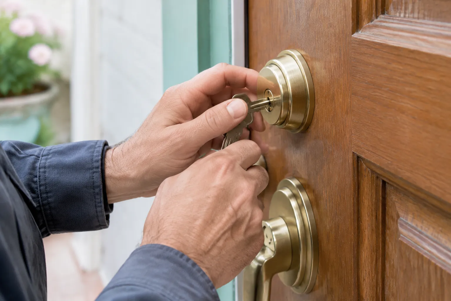 Main insérant une clé dans serrure de porte en bois