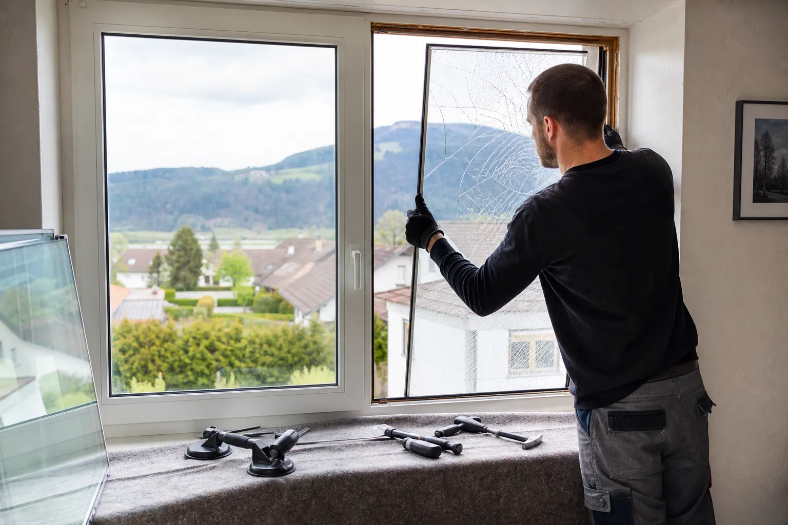 Homme réparant une fenêtre cassée avec des outils sur le rebord.
