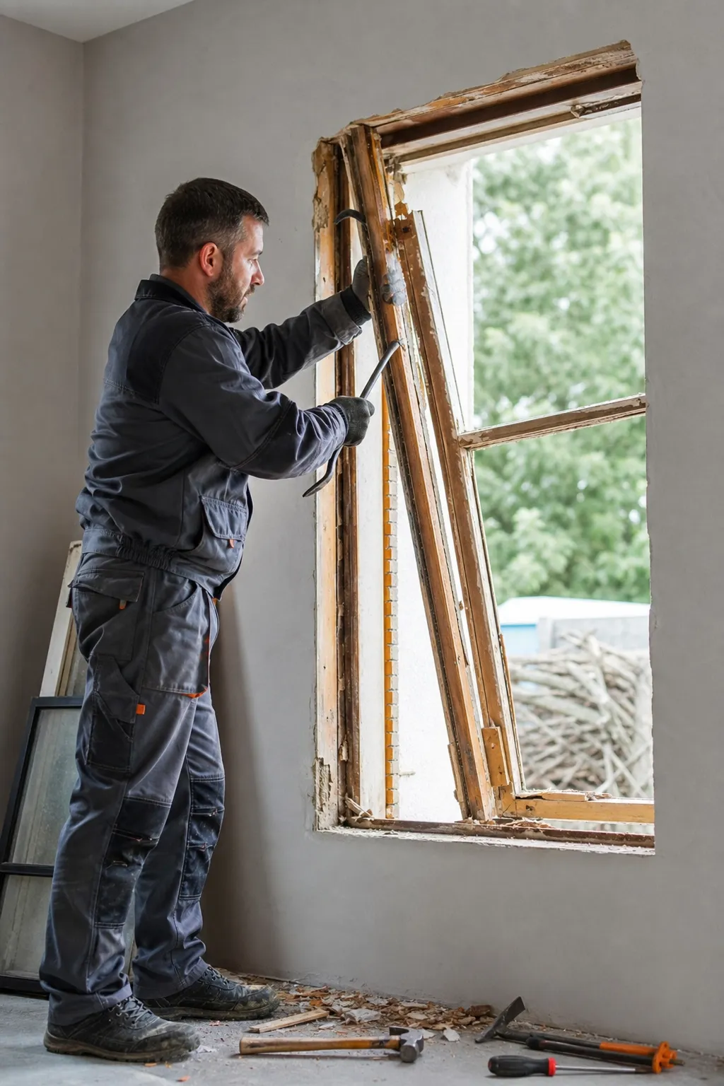 Homme en tenue de travail réparant une fenêtre endommagée dans une pièce.