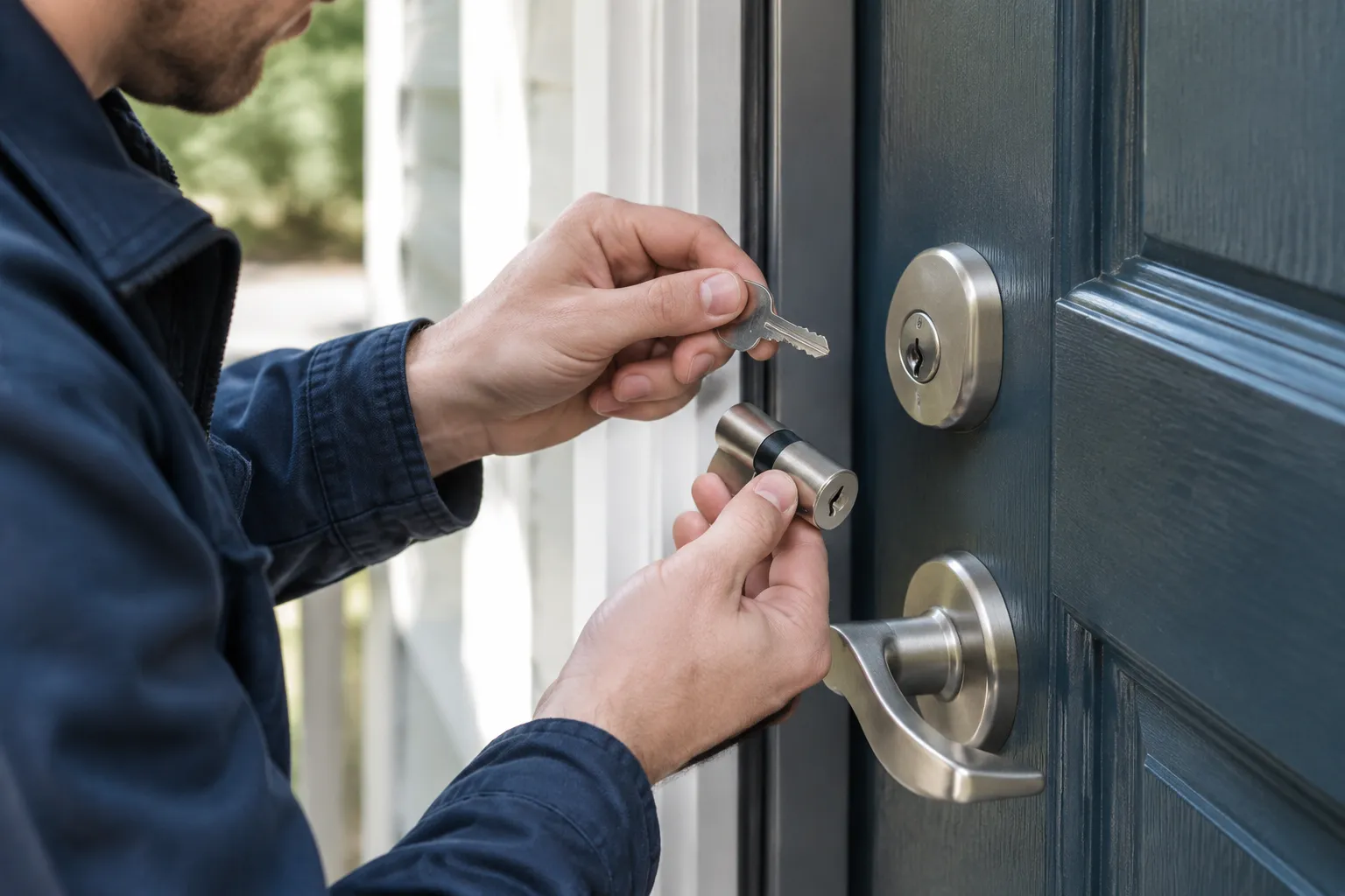 Homme insérant une clé dans la serrure d’une porte d’entrée.