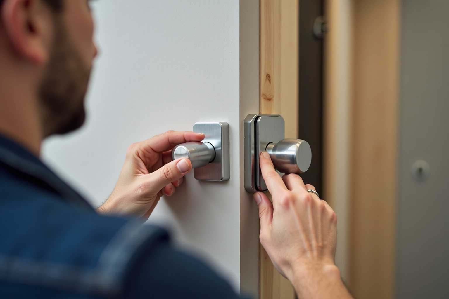 Mains d'un homme installant une serrure de porte en métal.