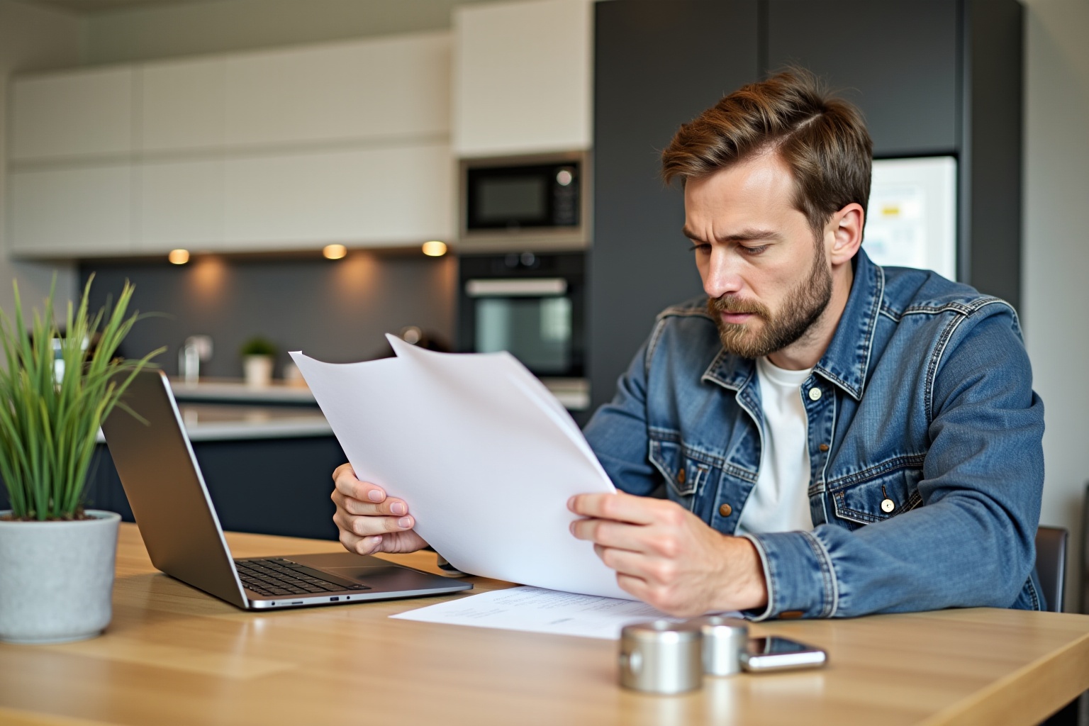 Homme barbu concentré sur des documents dans un bureau moderne.