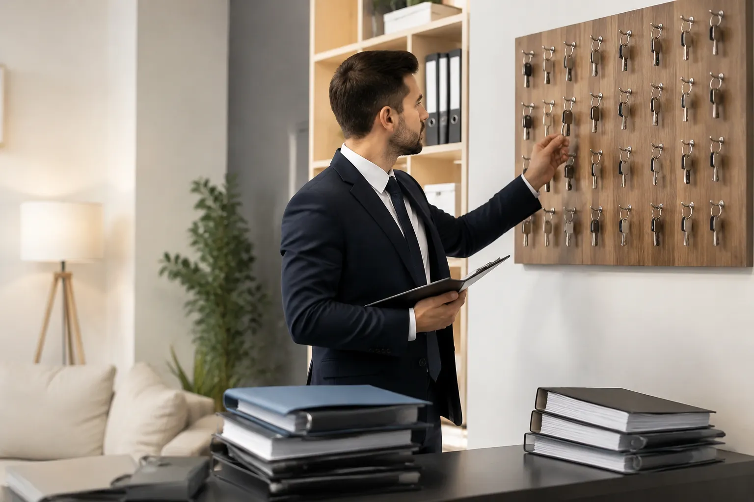 Homme d'affaires en costume vérifiant un tableau de clés dans un bureau.