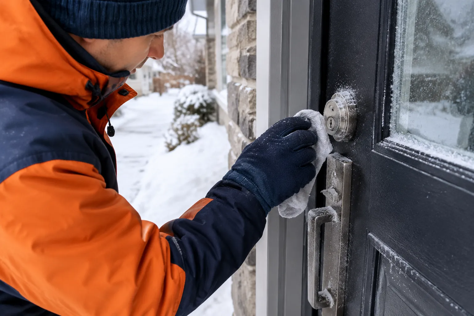 Personne dégivre la serrure d’une porte extérieure enneigée