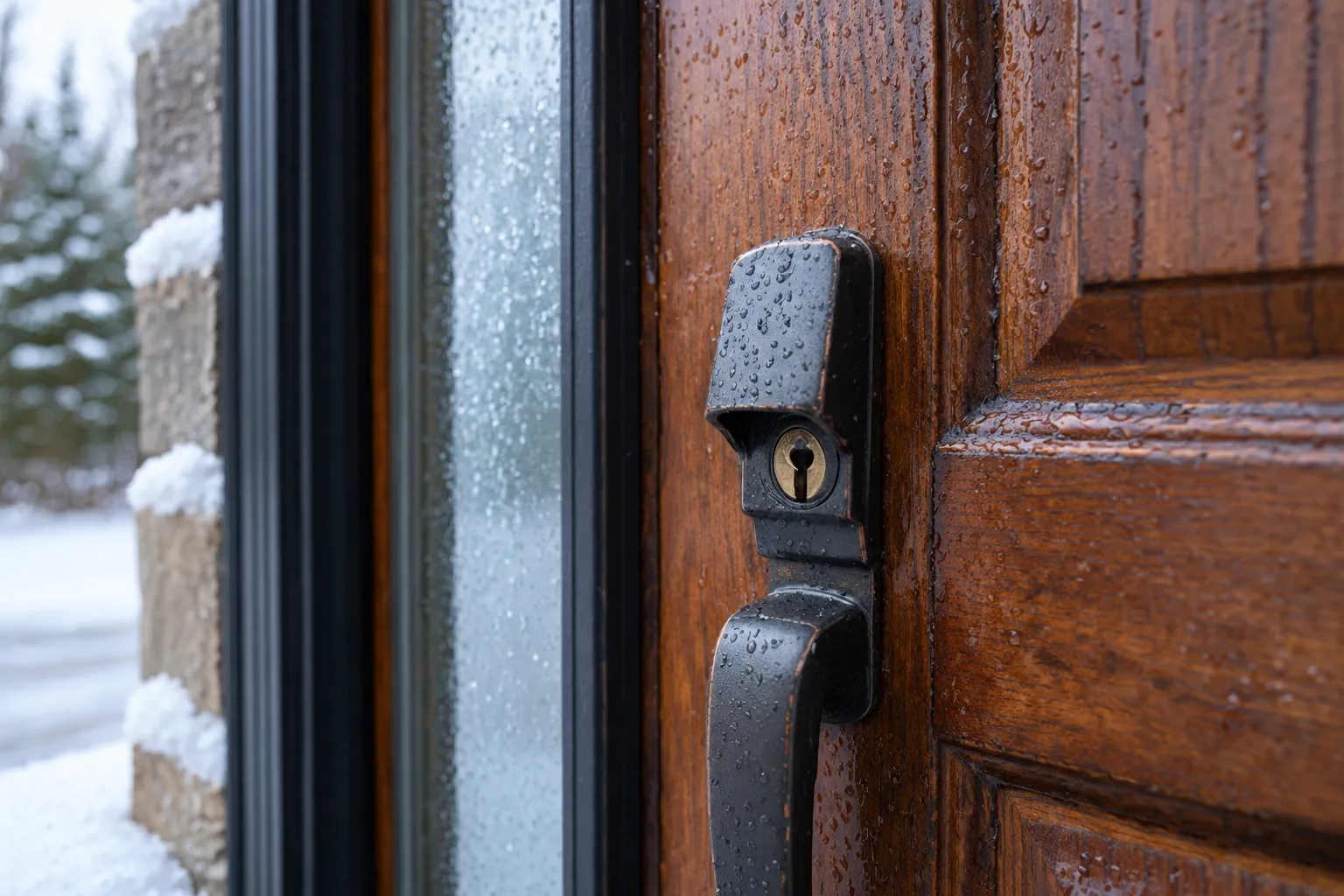 Serrure noire mouillée sur porte en bois sous la neige