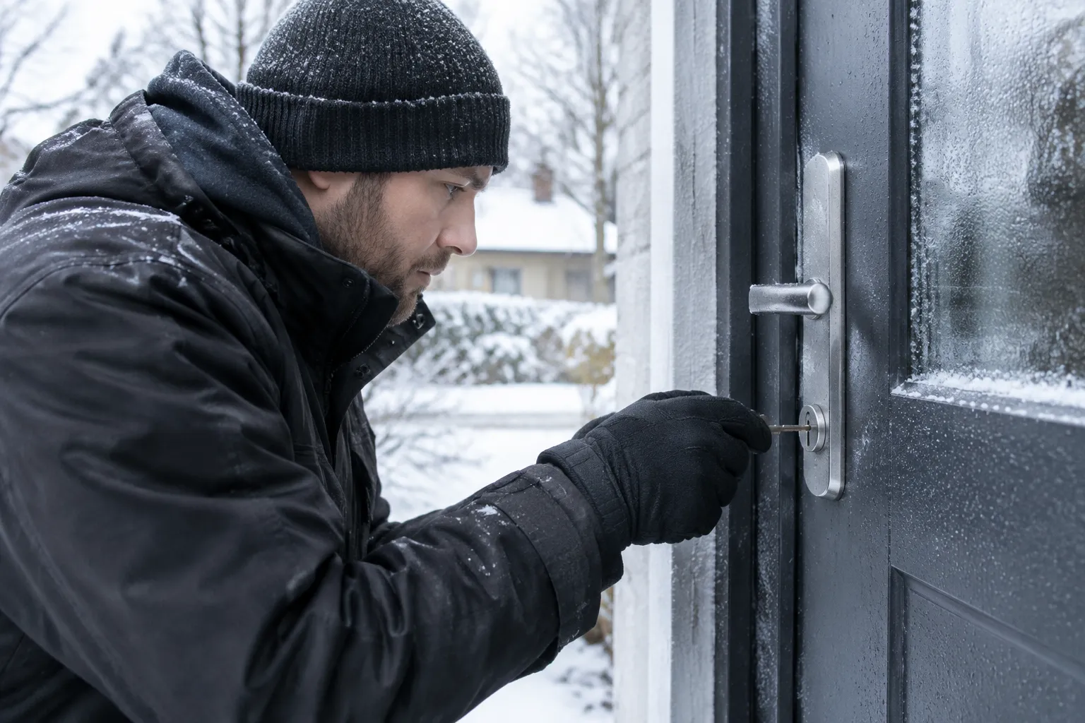 Homme en vêtements noirs forçant une serrure de porte enneigée
