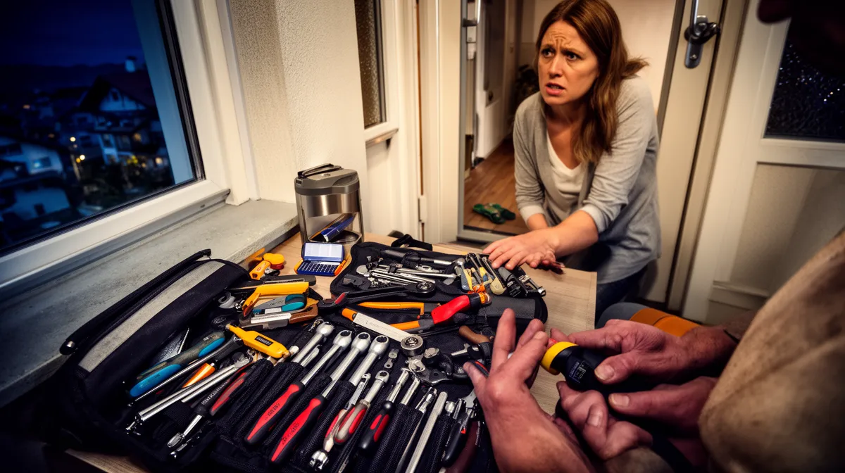 Femme réparant des outils dans un intérieur domestique.