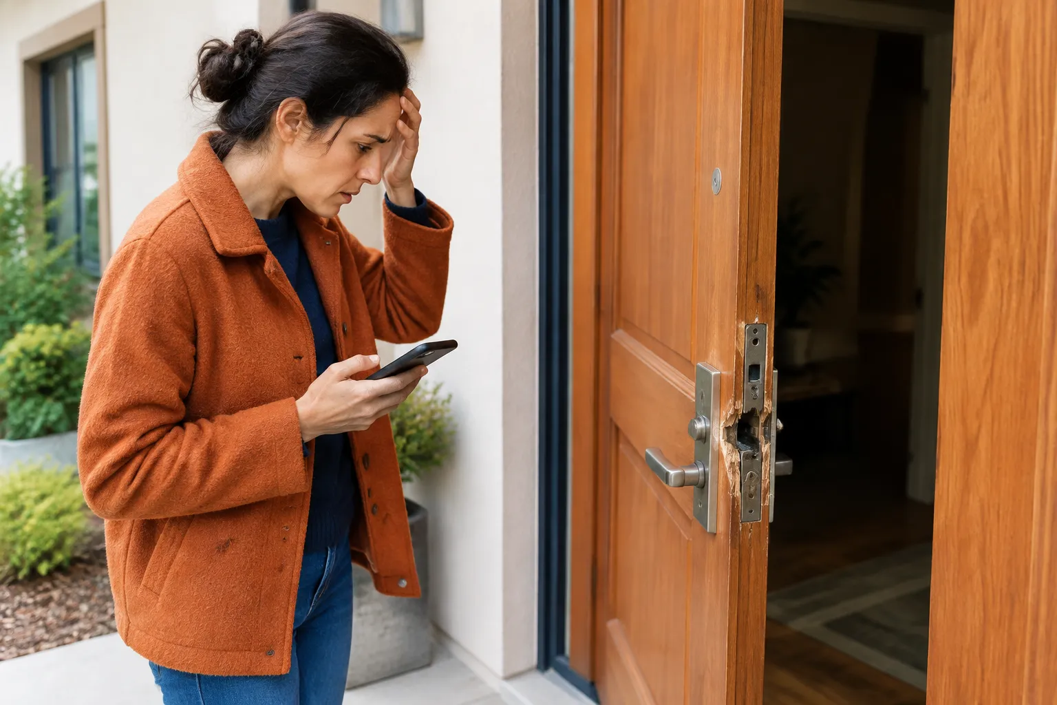Femme inquiète devant une porte d’entrée forcée, téléphone en main