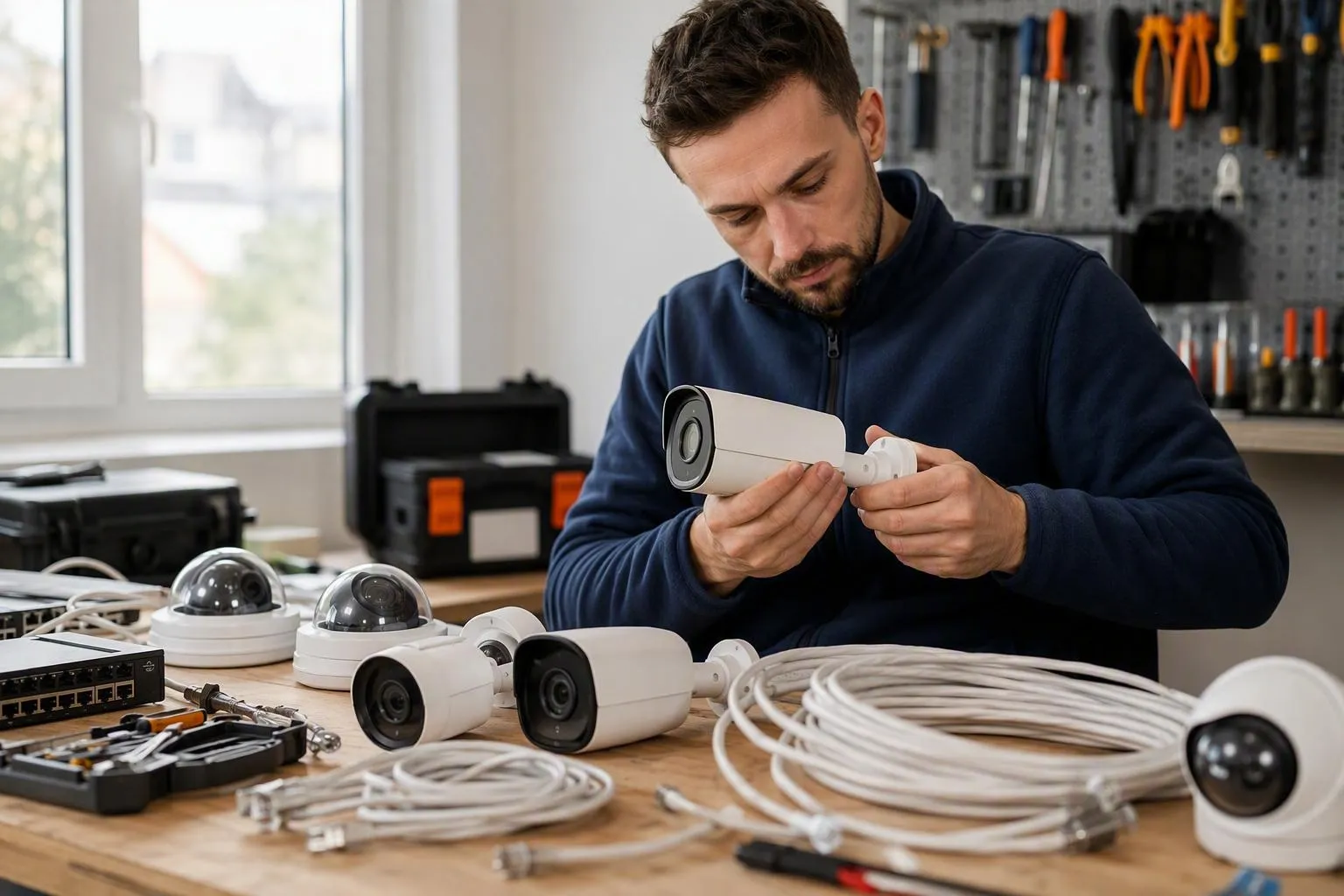 Technicien assemblant des caméras de surveillance avec câbles et outils.