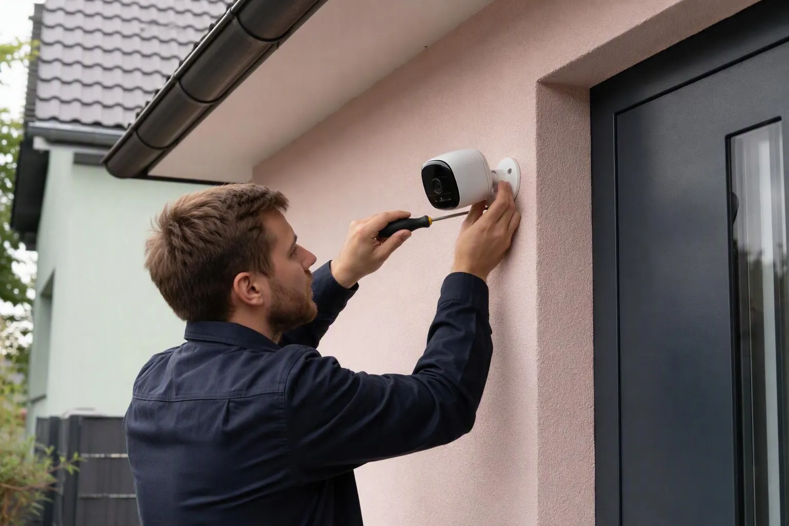 Homme installant une caméra de sécurité près d’une porte d’entrée