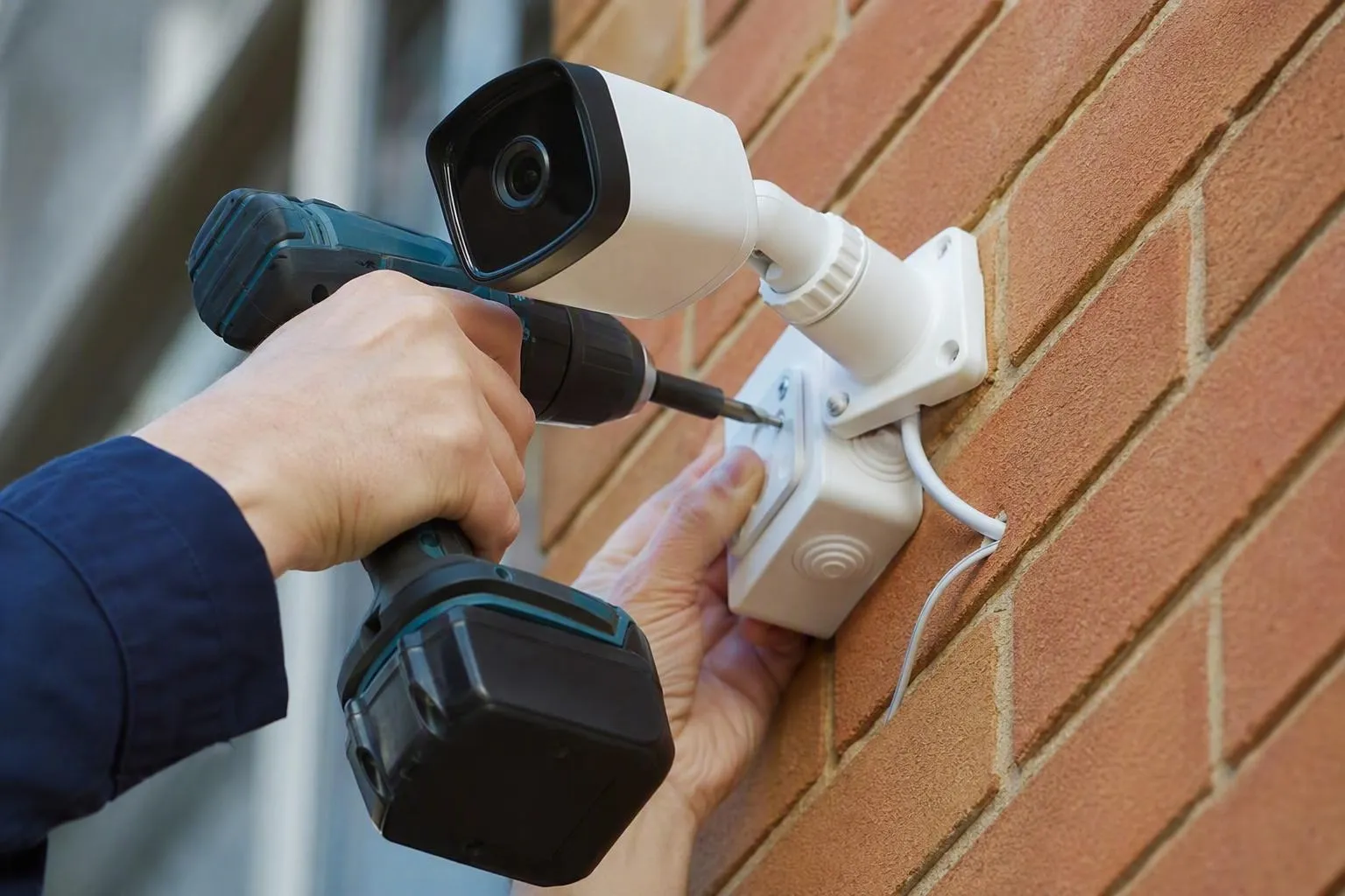 Installation d’une caméra de surveillance sur mur en briques
