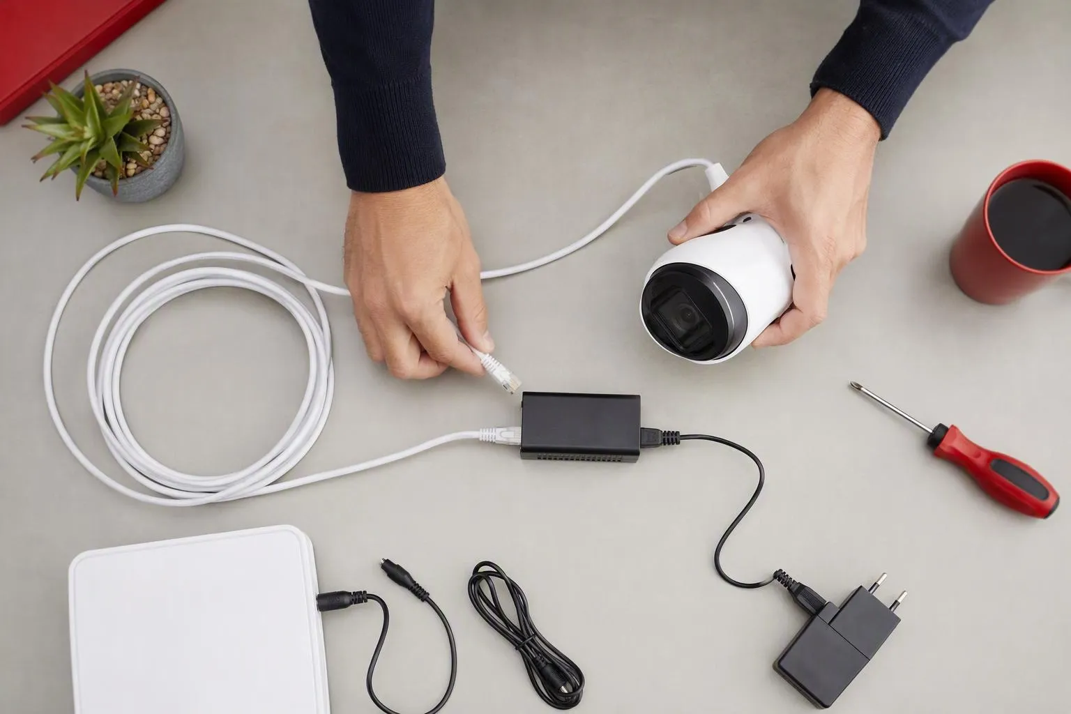 Installation d’une caméra de surveillance avec câbles et alimentation électrique