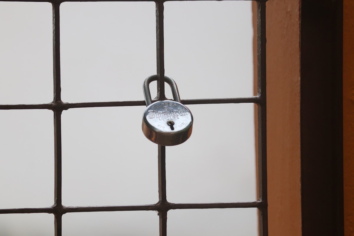 Cadenas verrouillé sur une fenêtre grillagée.