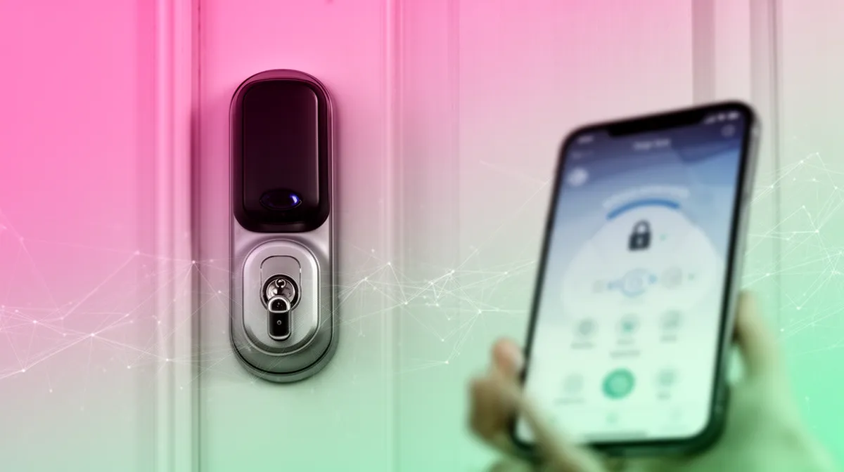 Serrure connectée et smartphone contrôlant un système de sécurité domestique.
