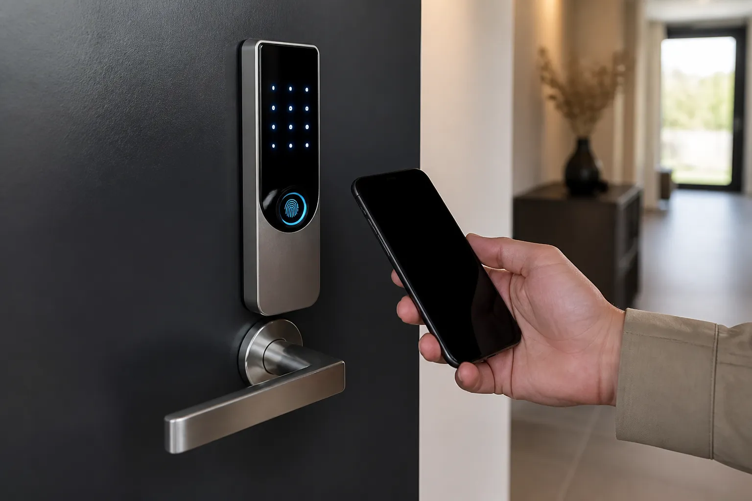 Serrure de porte électronique avec capteur d'empreinte digitale et smartphone.