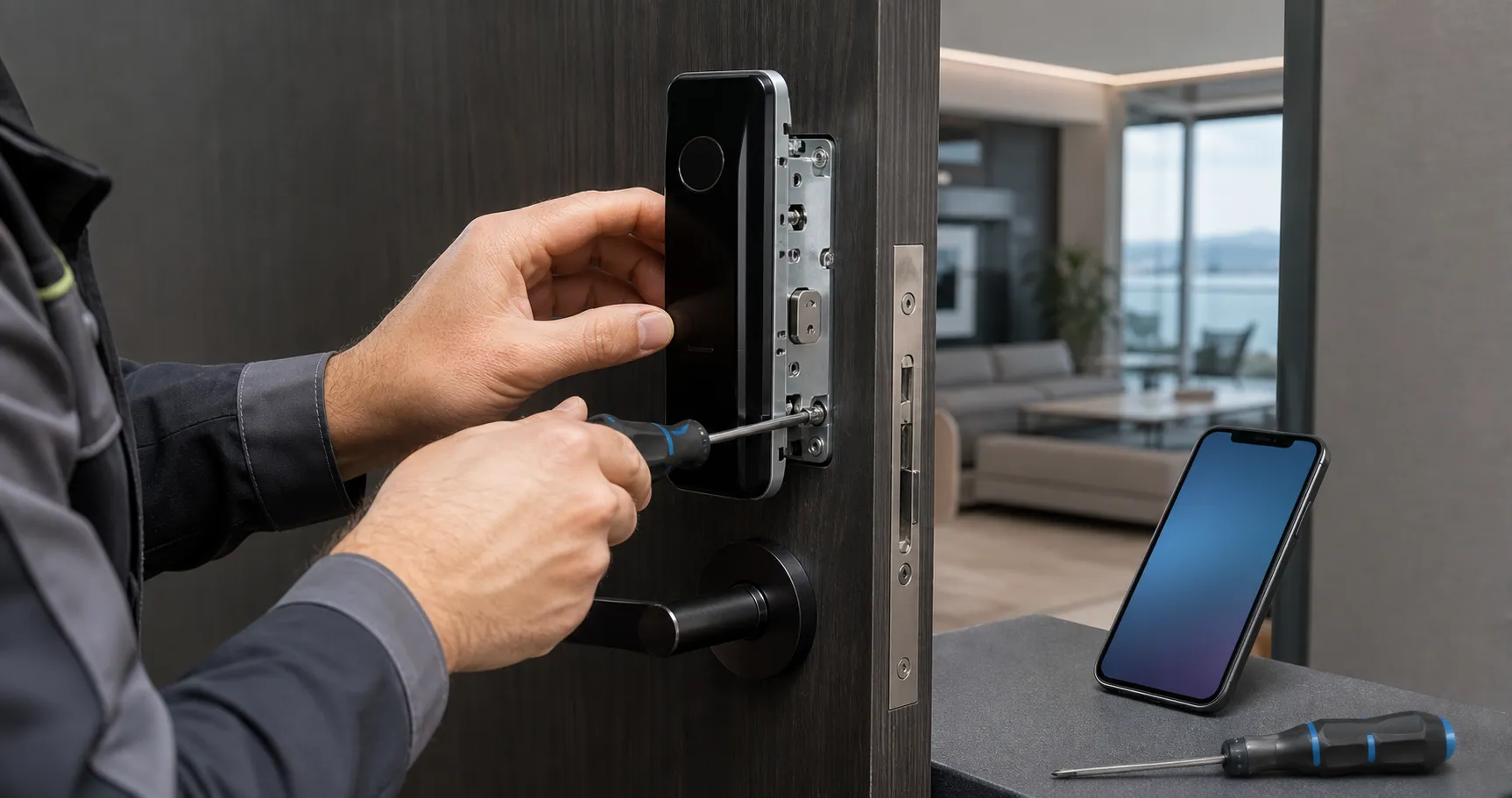 Homme installant un système de sécurité électronique sur une porte.