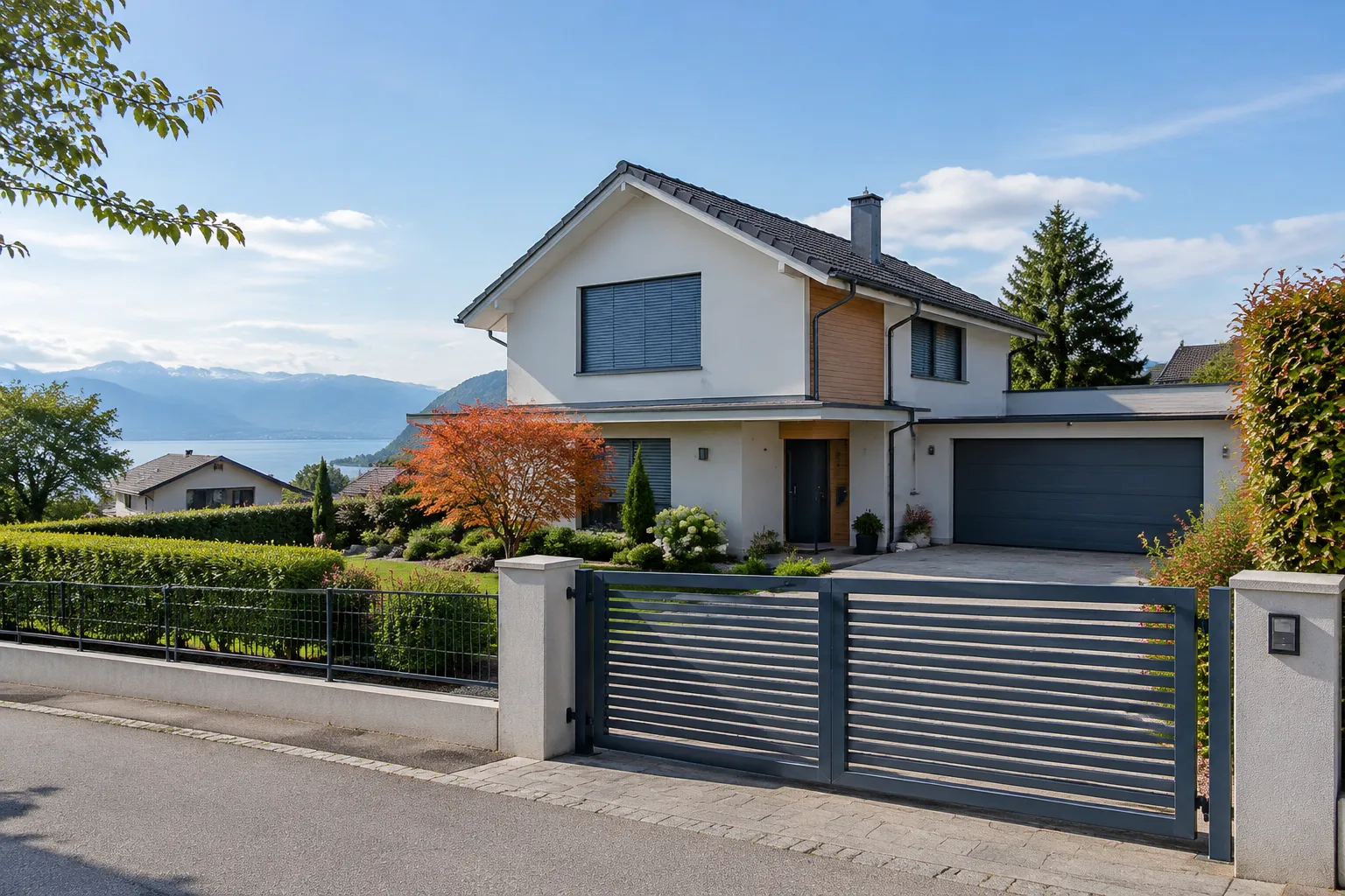 Maison moderne au bord d’un lac, montagnes en arrière-plan