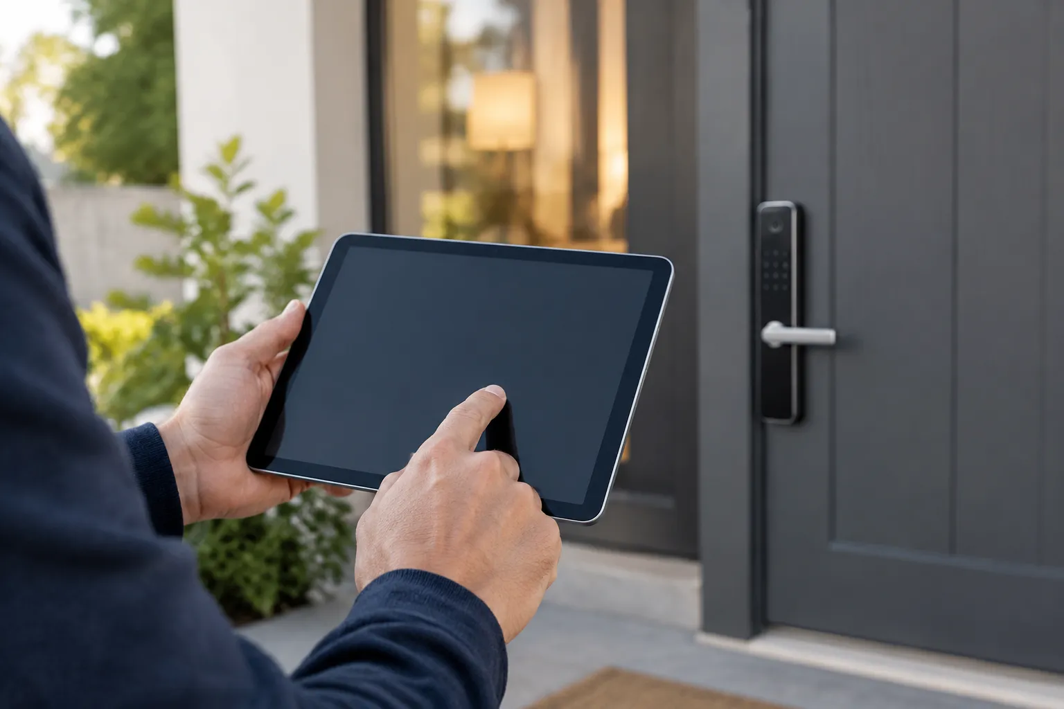 Personne utilisant une tablette devant une serrure connectée.