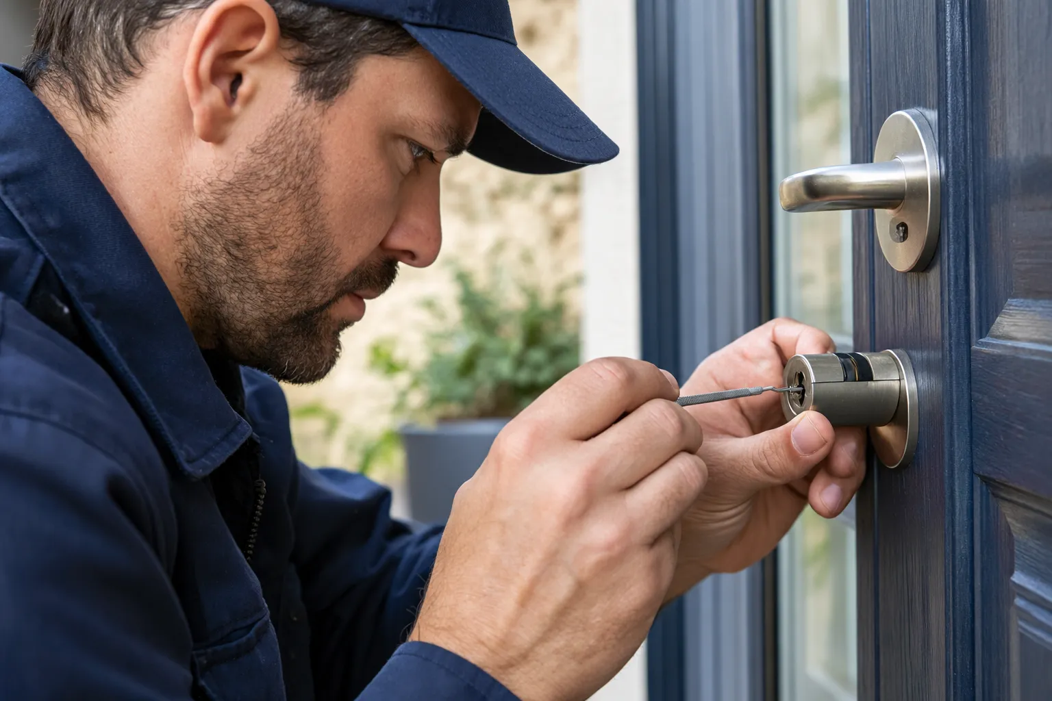 Serrurier manipulant une serrure de porte avec un outil fin