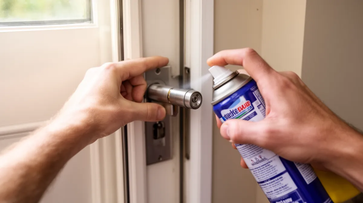 Mains appliquant un lubrifiant sur un mécanisme de porte.