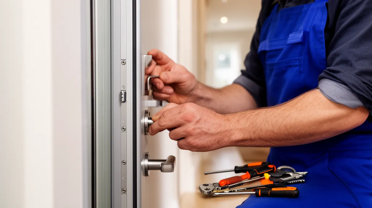Ouvrier en unifeu bleu installant une porte en métal.