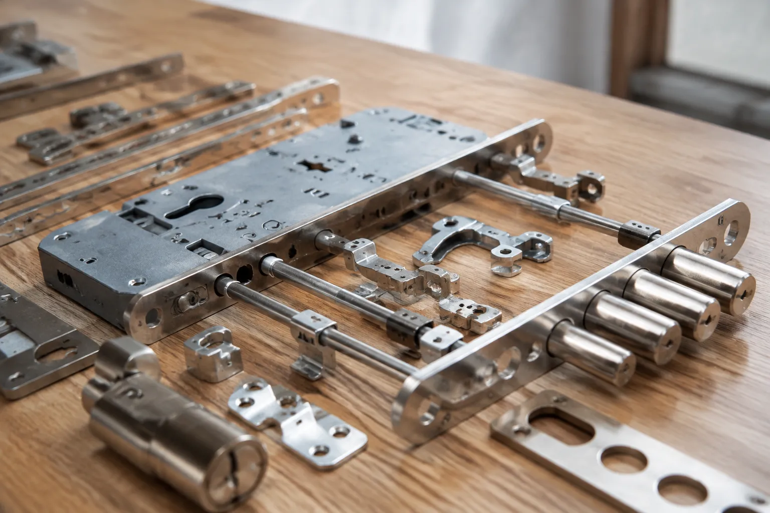 Pièces de métal et outils de construction sur une surface en bois.