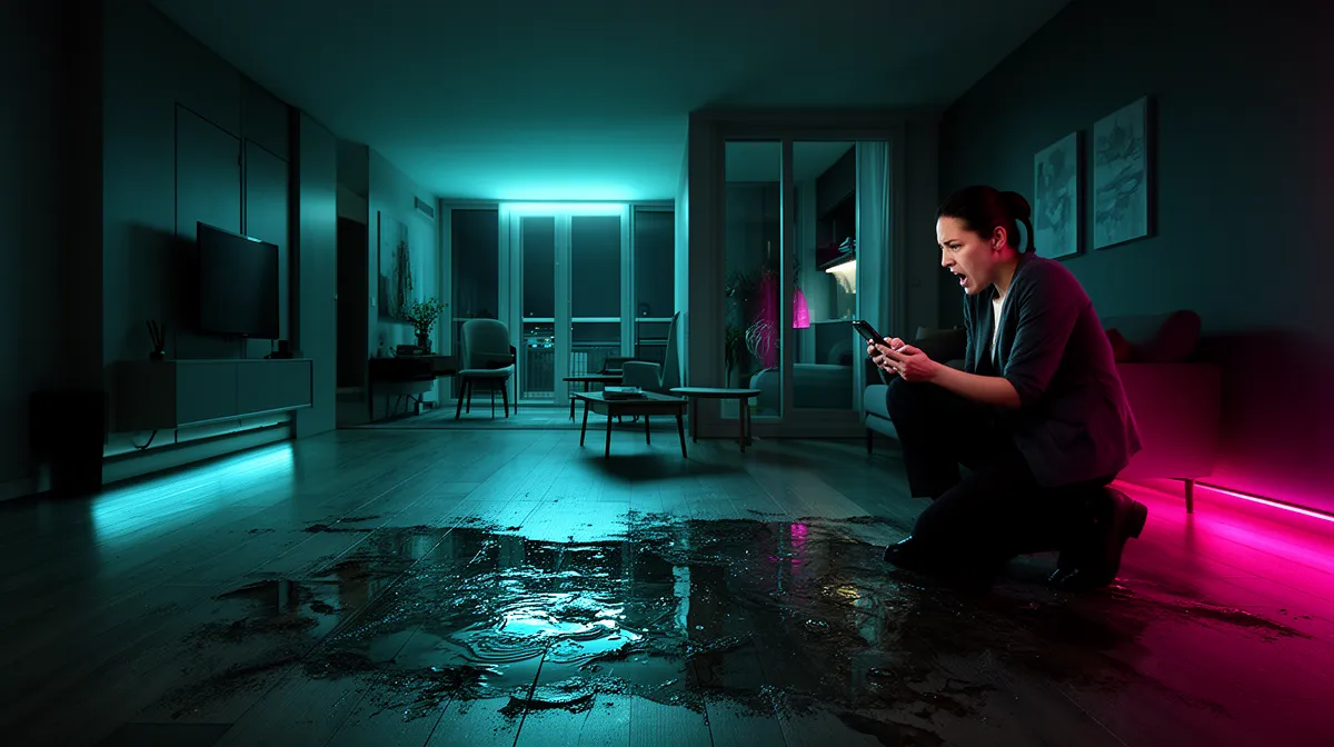 Intérieur sombre et inondé avec un homme jouant sur son téléphone.