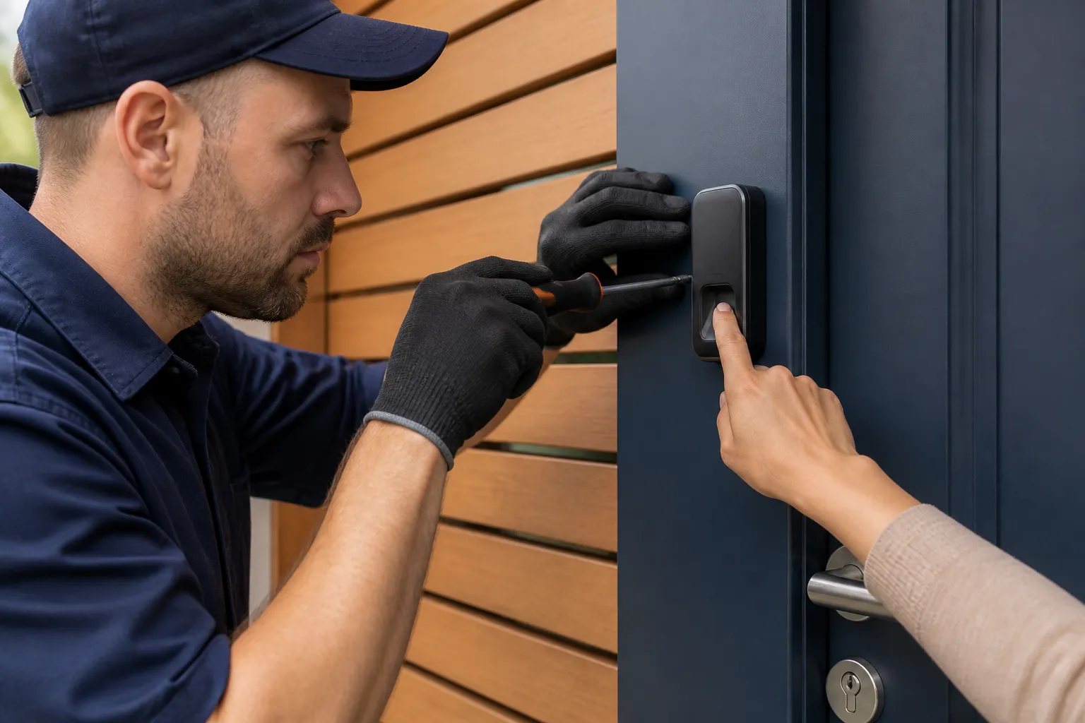 Homme en uniforme installant un système de sécurité électronique.