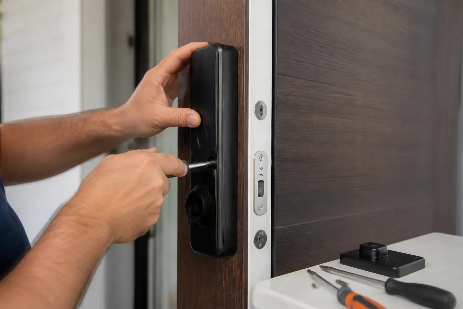 Mains installant un verrou électronique sur une porte en bois.
