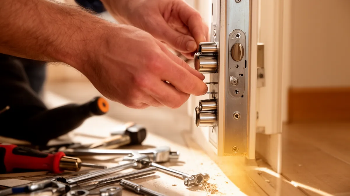 Mains installant un mécanisme de serrure dans une porte.