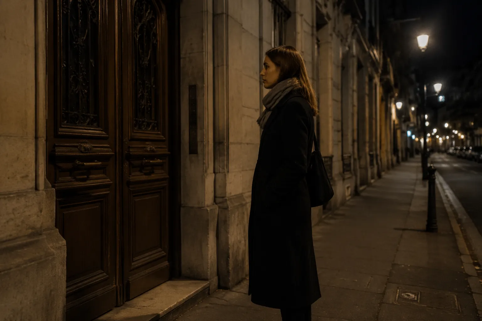 Femme solitaire dans une ruelle sombre et éclairée.