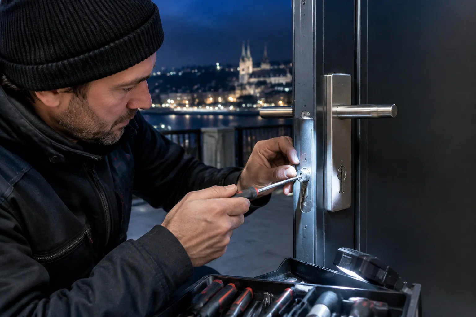 Homme en manteau sombre réparant une serrure de porte avec des outils.