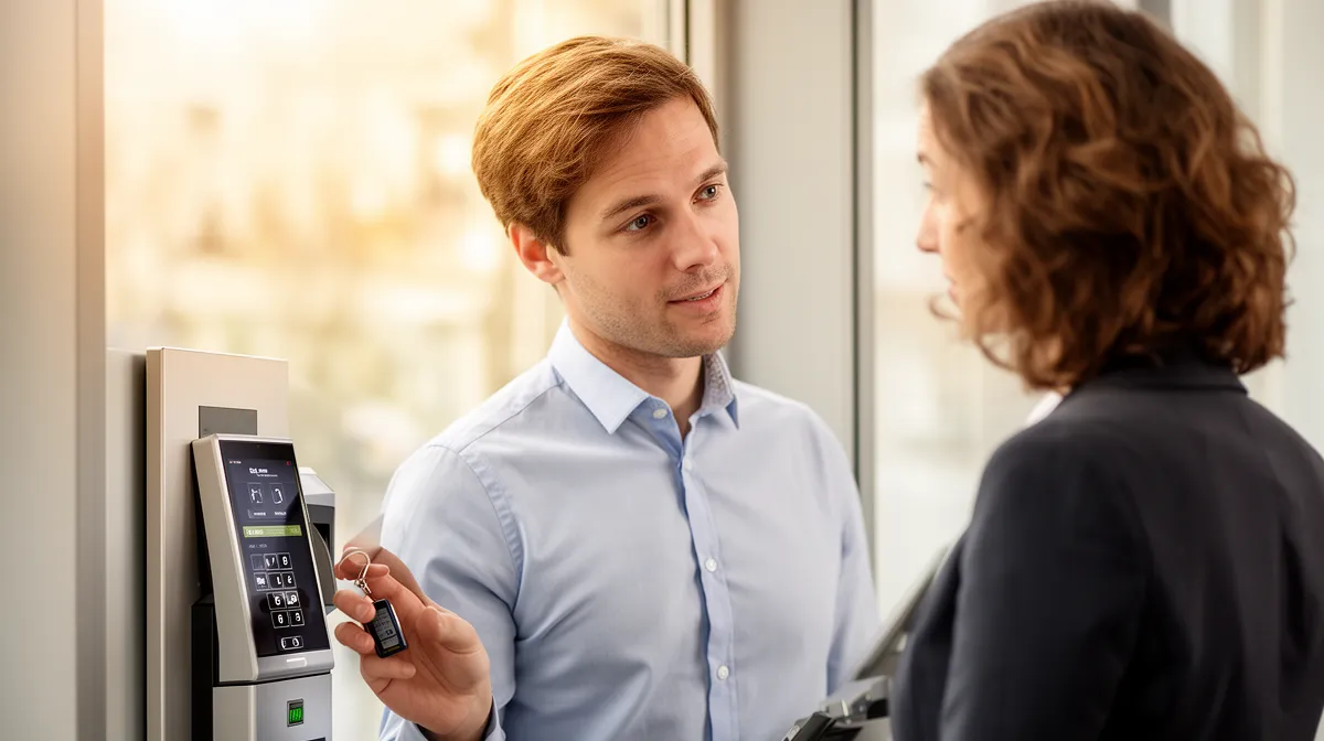Système de contrôle d'accès moderne présenté par un employé dans un bureau à Lausanne