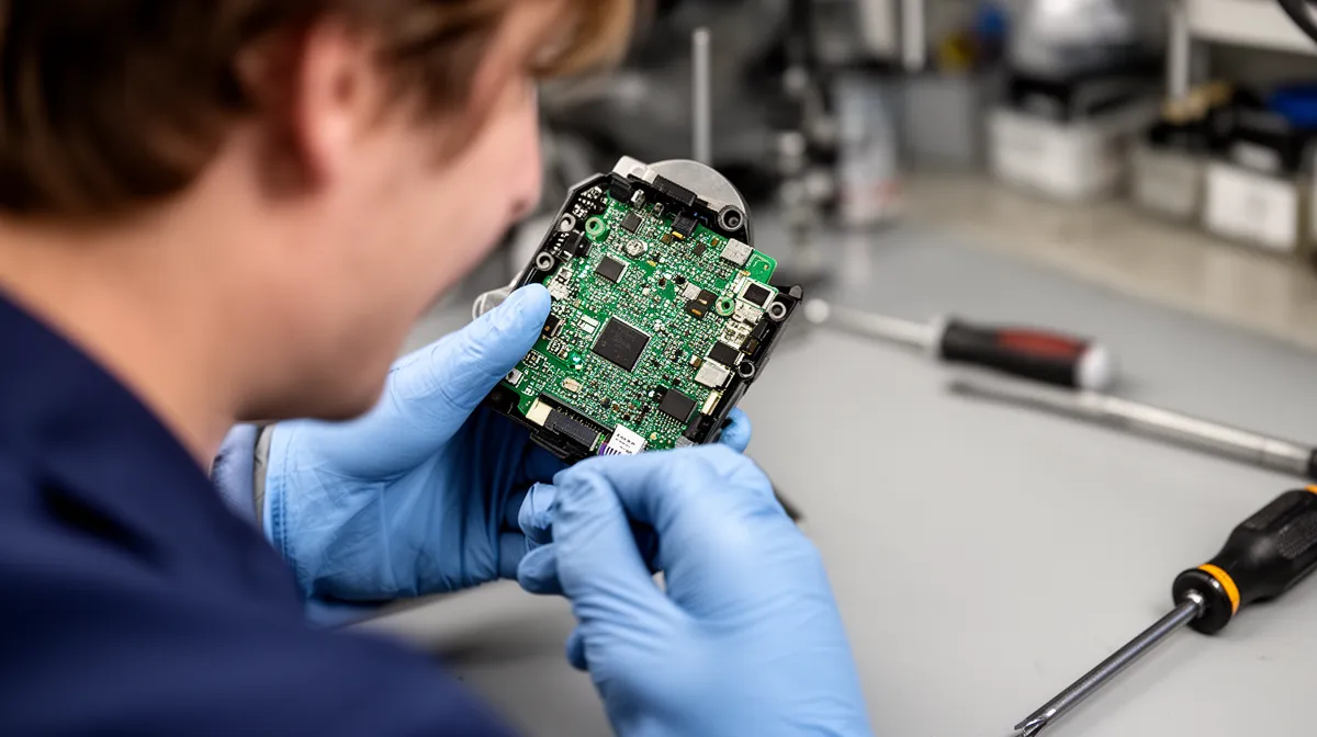 Sécurité serrure connectée, technicien examine circuit électronique pour prévenir piratage.