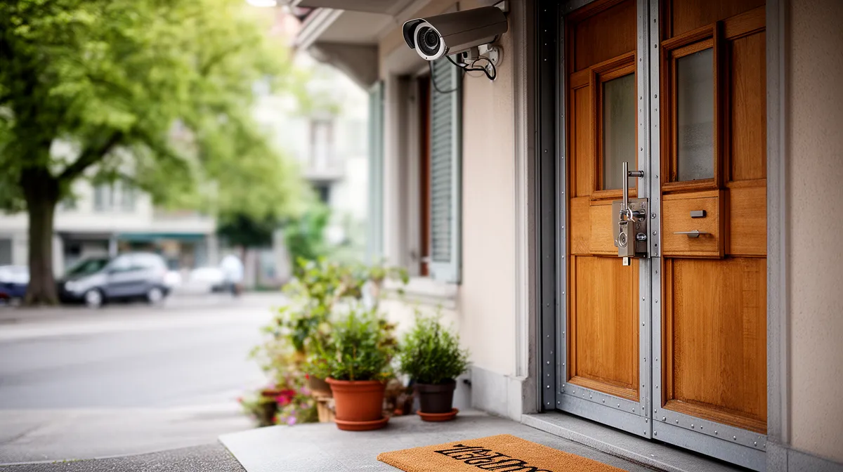 Porte d'entrée sécurisée avec serrure robuste et caméra de surveillance à Lausanne pour prévenir les effractions.