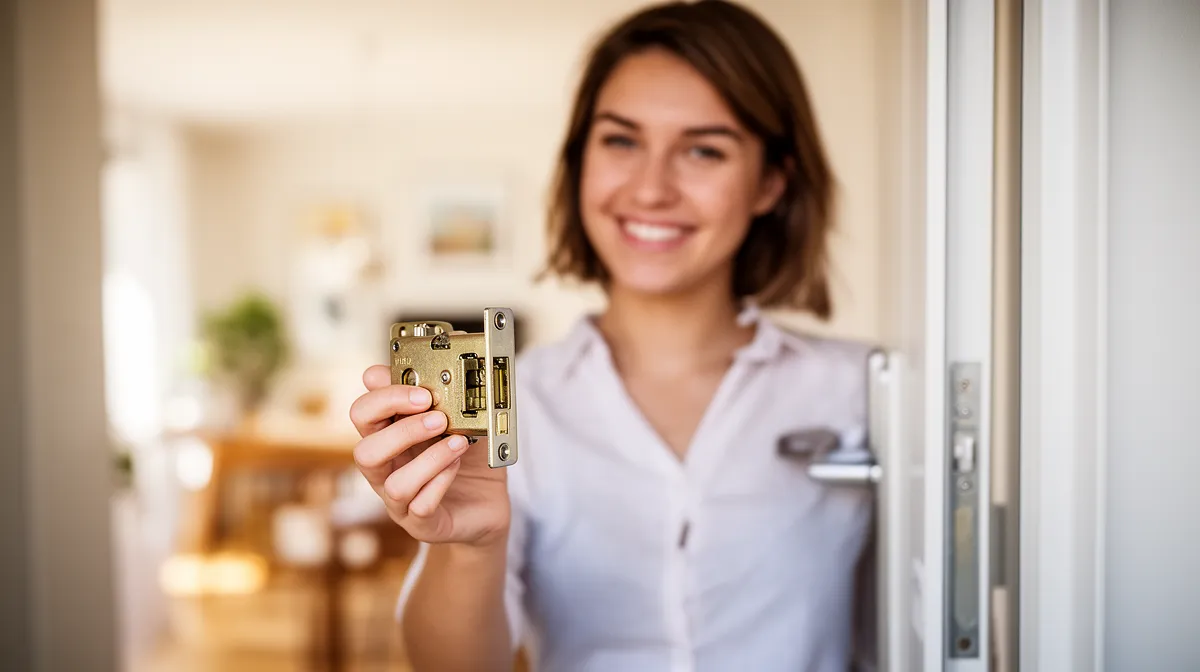 Femme tient serrure neuve pour appartement, sécurité habitation