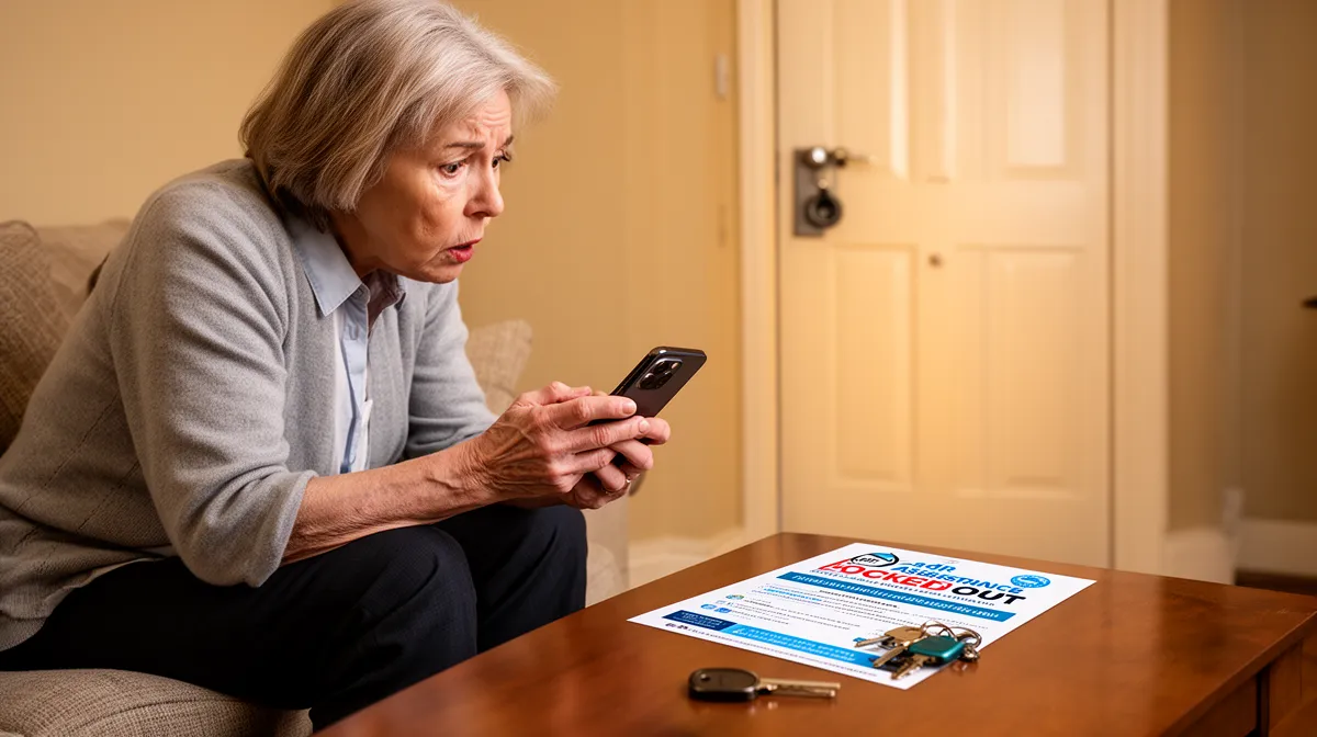 Personne âgée chez soi avec téléphone, regardant porte verrouillée, assistance dépannage.