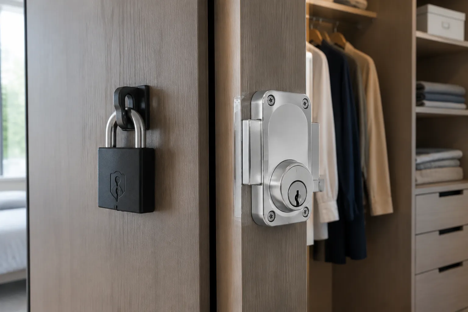 Verrou mul‑t‑lock et serrure haute sécurité fichet côte à côte, éclairés naturellement.