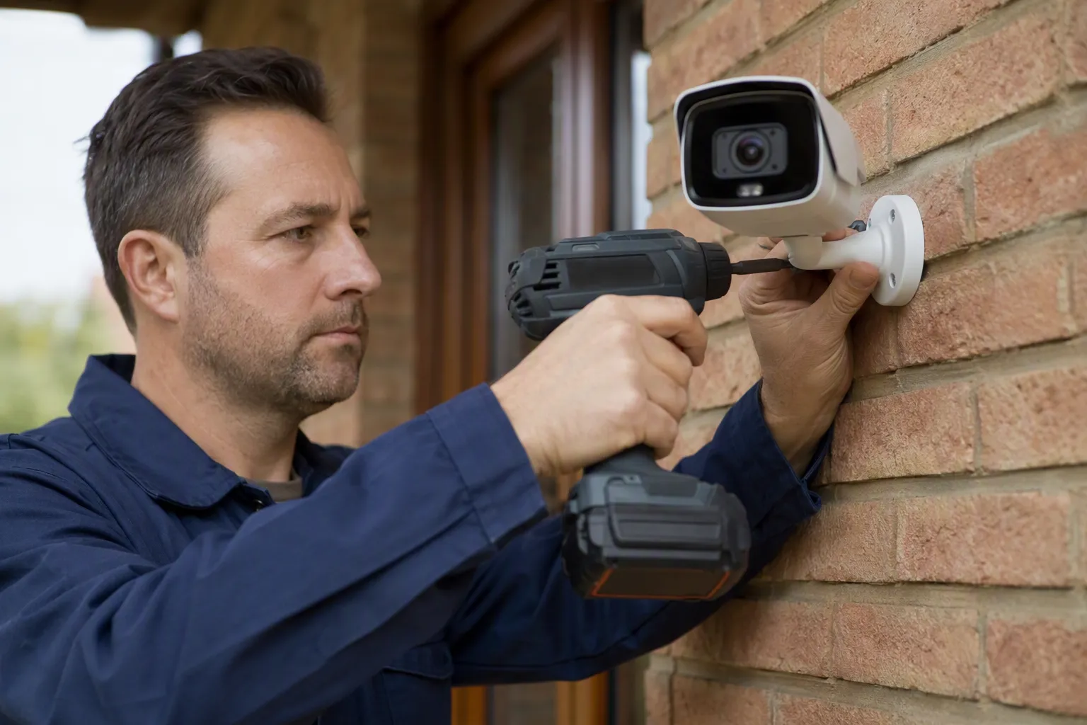 Installation d'une caméra de surveillance intelligente montée sur mur en briques, guide pas à pas.