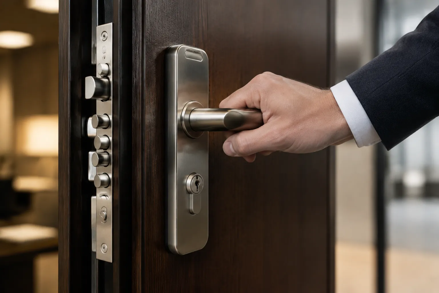 Serrure A2P étoile sur porte bois, main professionnelle tenant la poignée, éclairage professionnel.