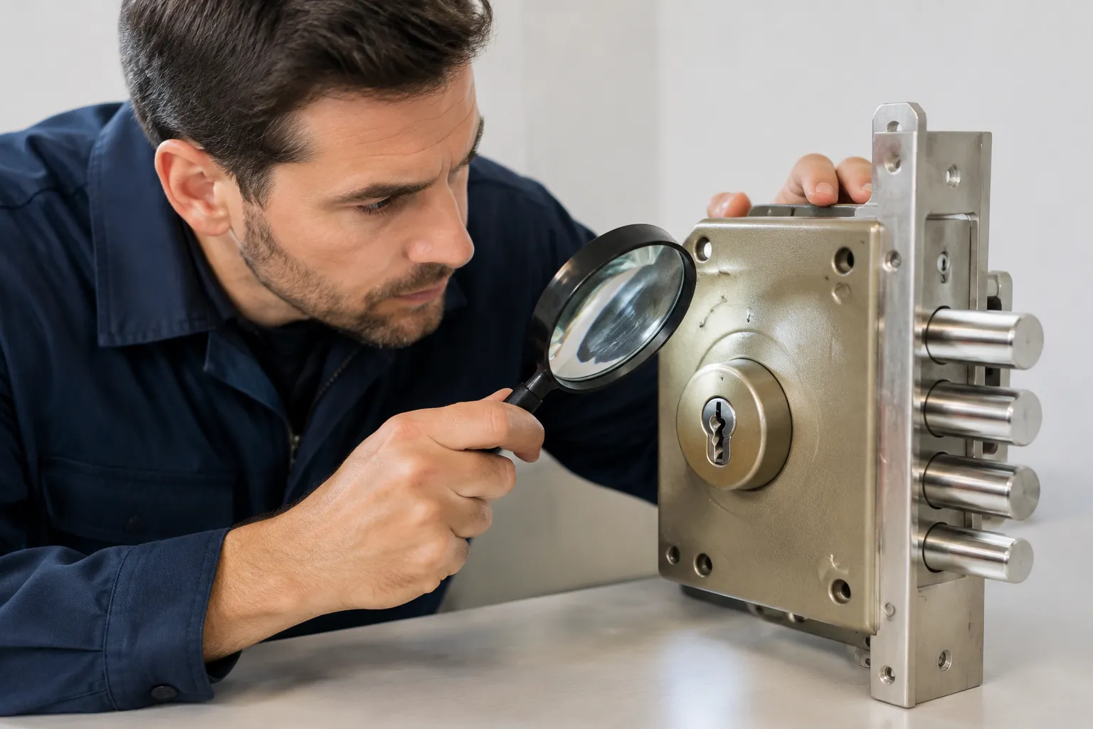 Serrurier examine une serrure Fichet 787 avec code Bricard Serial et logo A2P.