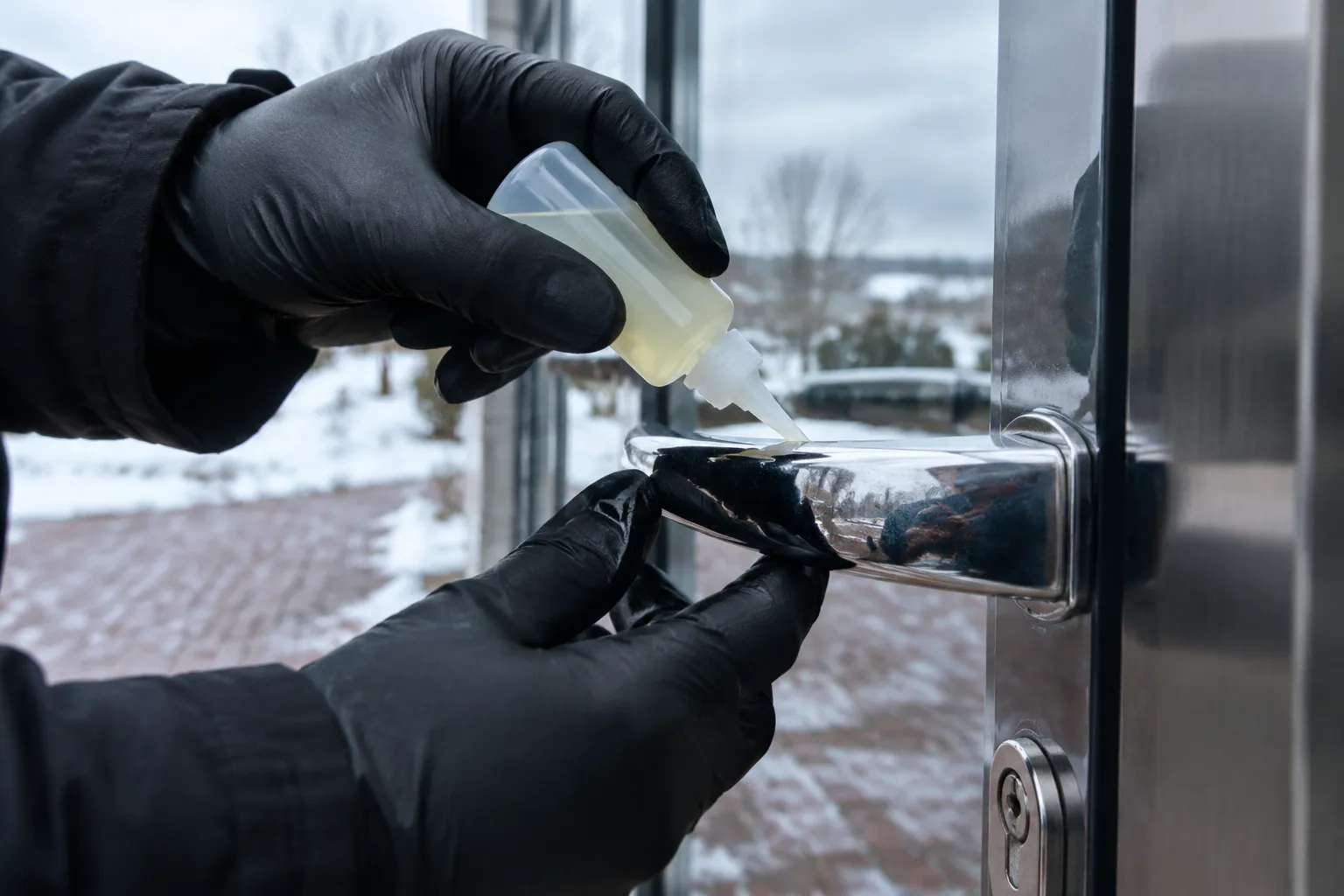 Main gantée appliquant lubrifiant anti-gel sur poignée de porte en métal, image photoréaliste d'hiver.