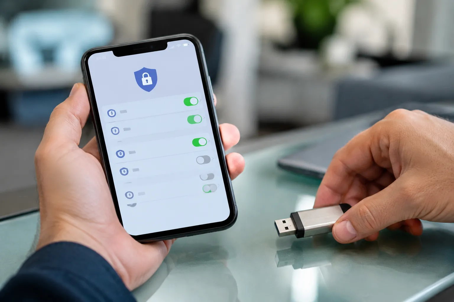 Main tenant un smartphone montrant les paramètres A2P et posant une clé USB « Compliance » pour illustrer la vérification des