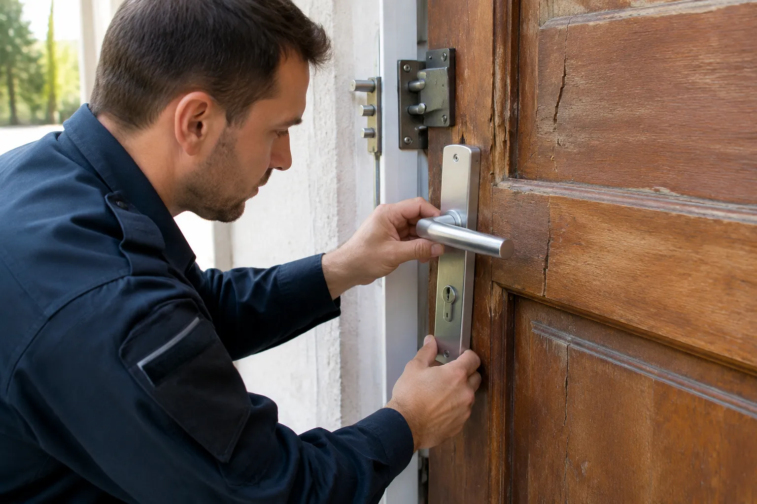 Porte sécurisée après effraction, dispositif renforcé, main de sécurité en action.