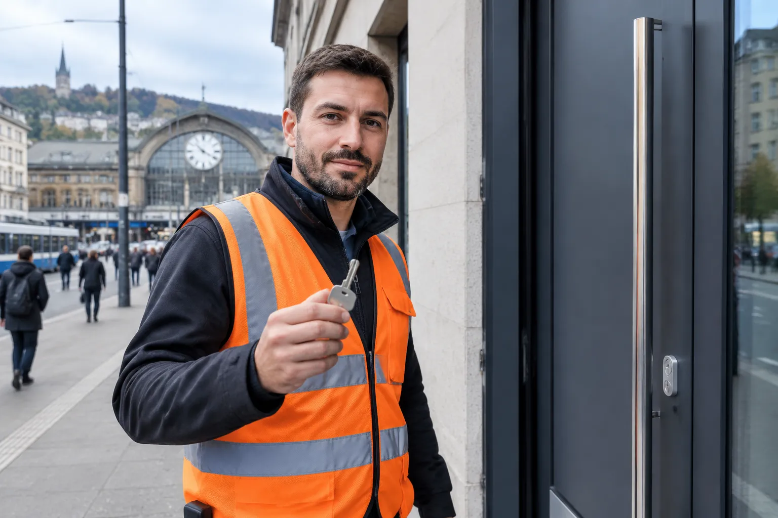 Serrurier Lausanne tenant clé, devant porte moderne, rue animée, contexte urbain.