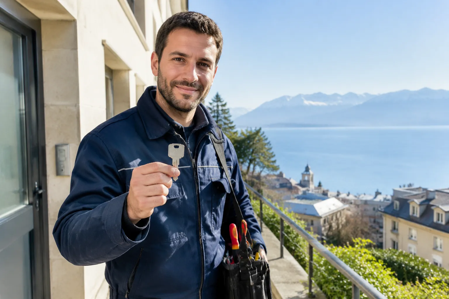 Serrurier 24h à Lausanne, tenant une clé devant un immeuble avec le fleuve Léman.