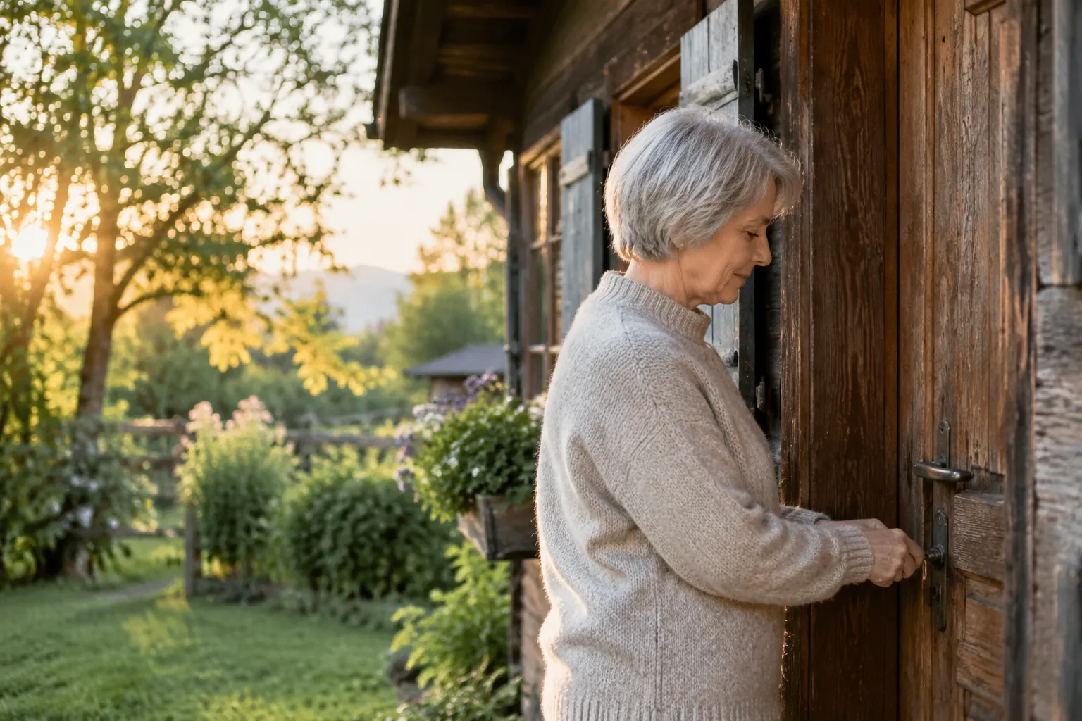 Femme verrouillant la porte d’une maison de campagne suisse, jardin verdoyant et lumière crépusculaire.