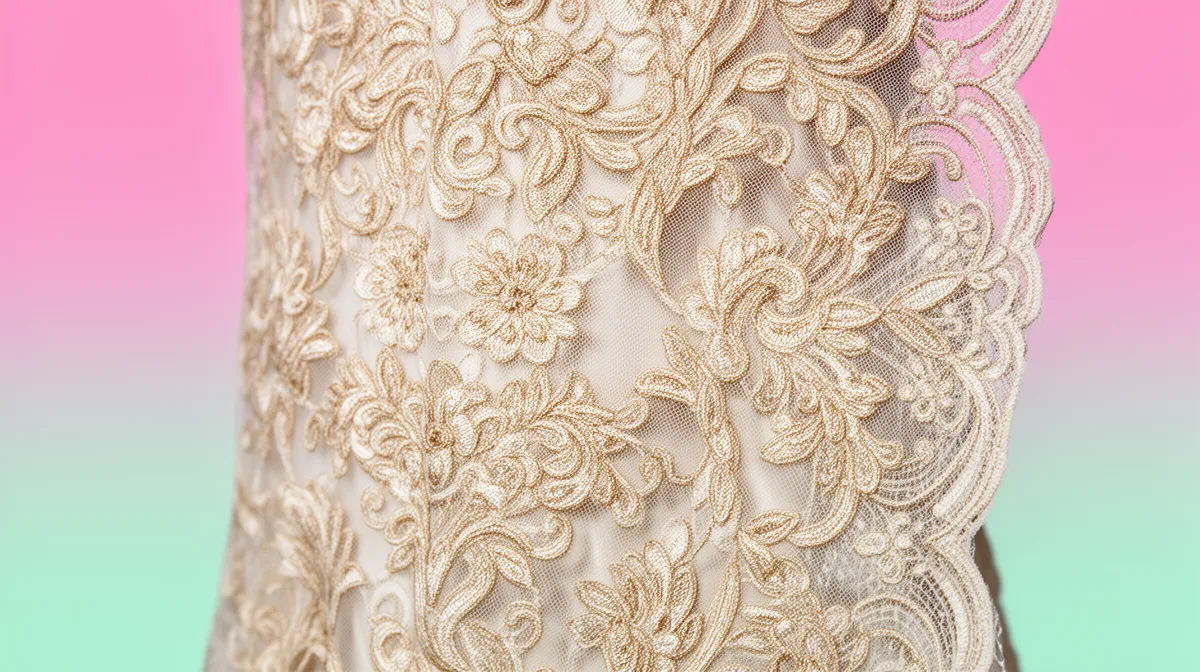 Intricate, golden floral lace pattern on a light fabric.